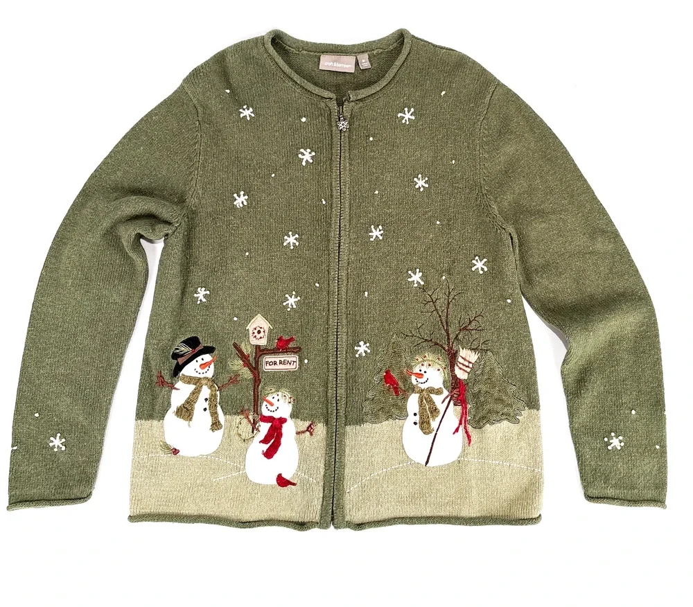 Croft & Barrow Christmas Cardigan Snowman Sweater Green MED Full Zip Grannycore